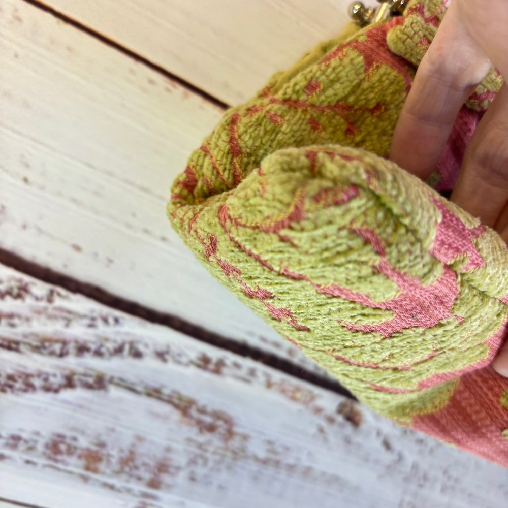 Vintage Kiss-Lock Purse S Pink Green Chenille Damask Rhinestone Bow Coquette Bag - Picture 10 of 13